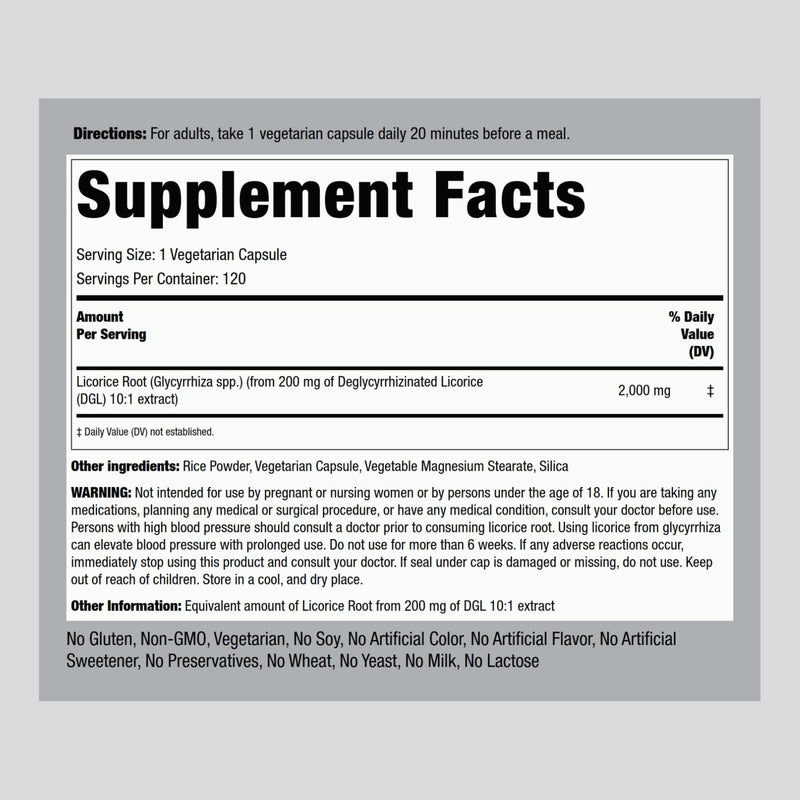 [Australia] - Piping Rock DGL Supplement | 2000mg | 120 Capsules | Licorice Root | Mega Potency | Herbal Extract | Vegetarian, Non GMO, Gluten Free 