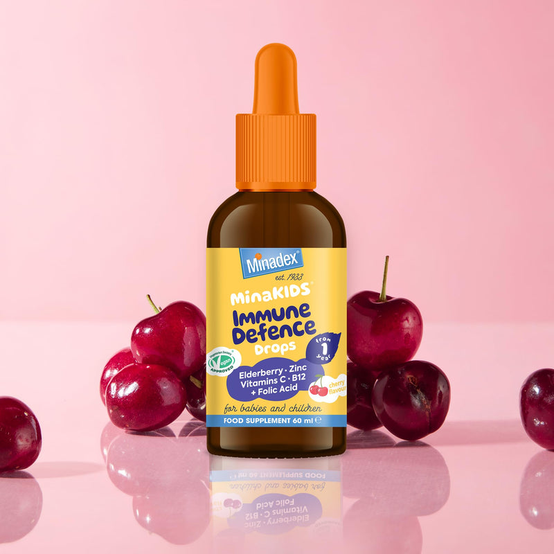 MinaKIDS Immune Defence Drops - Yummy Cherry Flavoured Liquid Supplement for Babies and Children with Elderberry, Zinc, Vitamin C & B12 and Folic Acid, Sugar-Free, Vegan, 60ml