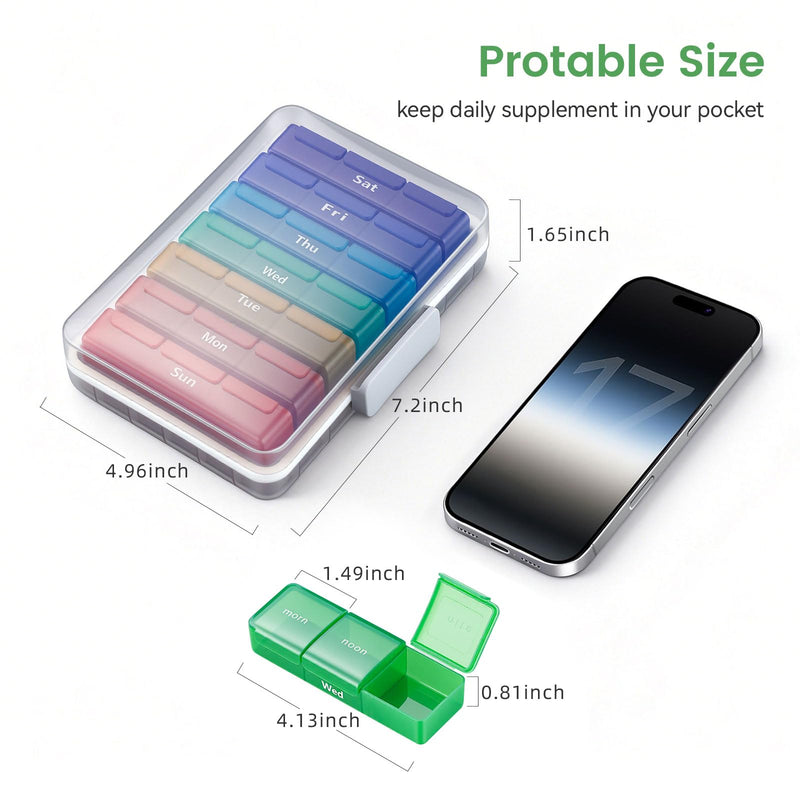 Large Weekly Pill Organizer, 7 Day Pill Box with AM Noon PM Compartments | Removable BPA-free pill case for vitamins, supplements, medicine, and travel use.