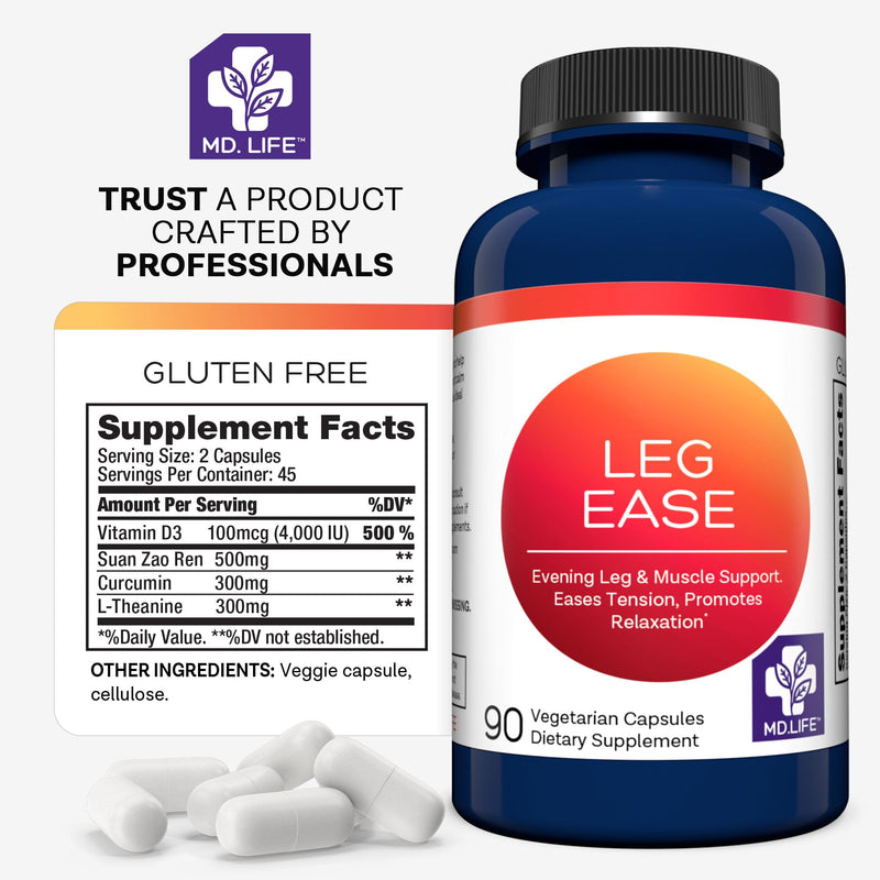 MD. Life LegEase Herbal Muscle and Leg Relaxation, 90 Capsules, Non-GMO | With Suan Zao Ren, Curcumin, L-Theanine and Vitamin D3 - Vegan, Doctor Designed, Made in USA, Gluten Free