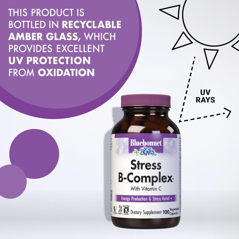 Bluebonnet Nutrition Stress Relief B Complex Vegetable Capsules, Vitamin B6, B12, Biotin, Folate, Vegan, Gluten & Soy & Milk Free, Kosher, Unflavored, 100 Count | Folate Energy & Daily Fatigue Supplement; Vegan, Gluten-Free 100 Count (Pack of 1)