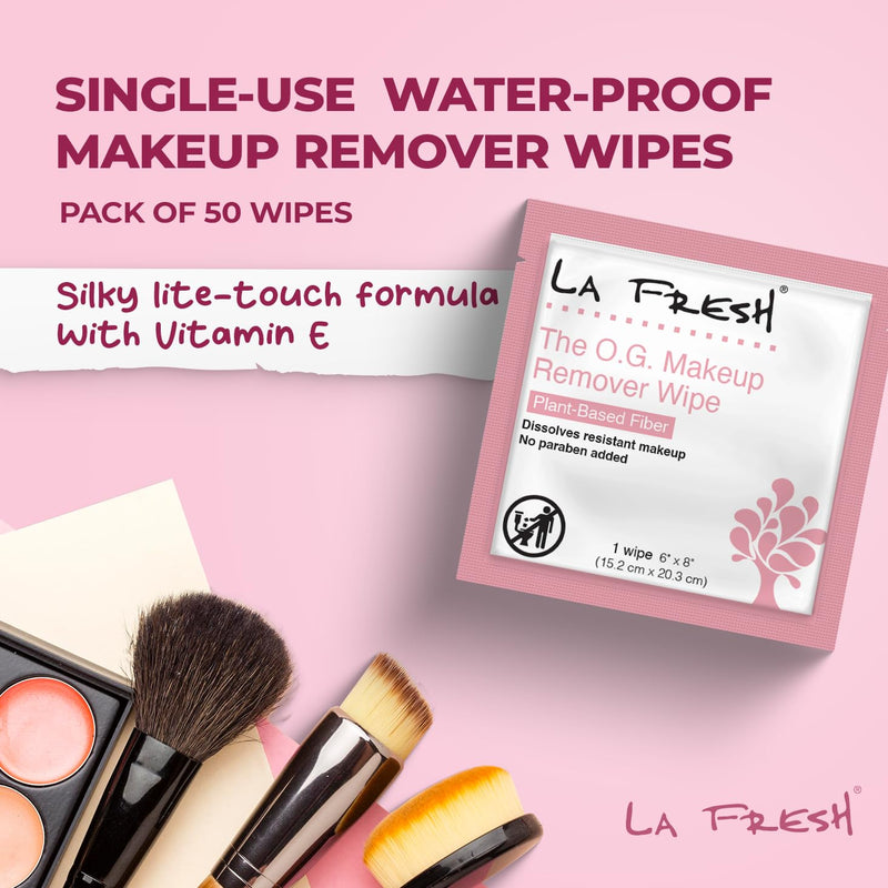LA Fresh Makeup Remover Facial Cleansing Wipes Pack of 50ct Individually Wrapped 6x8” Wipes Made With Vitamin E To Leave Skin Soft And Smooth Convenient Size For Purse, Gym Bag, Nightstand, Car, Travel Size 50 Count