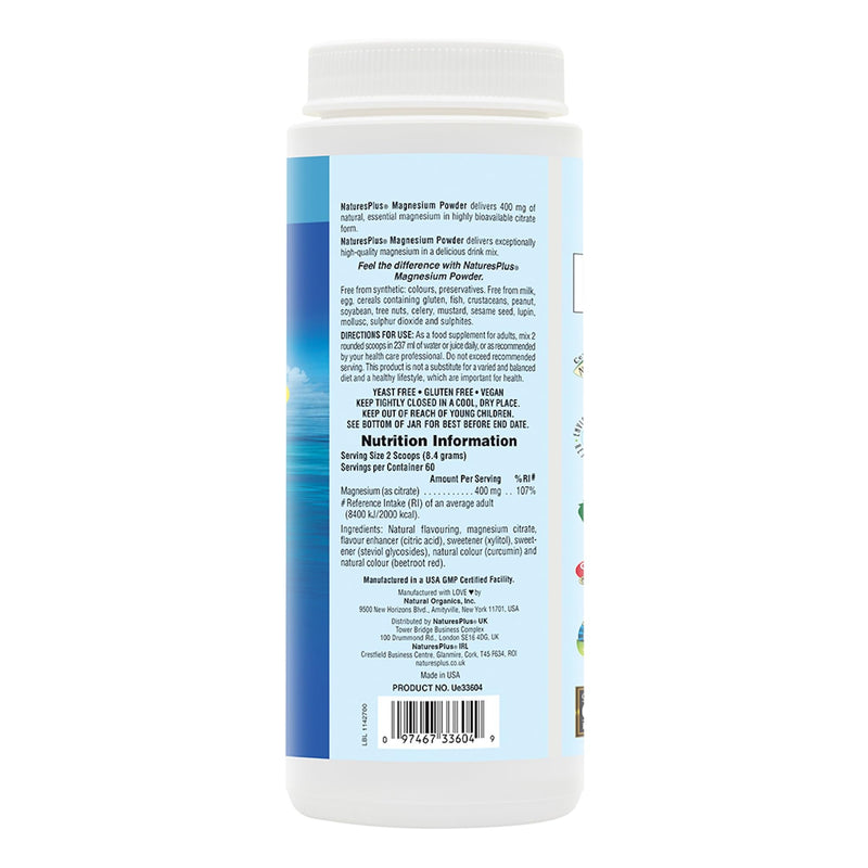 NaturesPlus Magnesium Powder Orange Flavour - 400mg Natural Magnesium Citrate Supplement, Easy to Mix - Energy and Relaxation for Mind and Body - Vegan, Gluten Free - 60 Servings