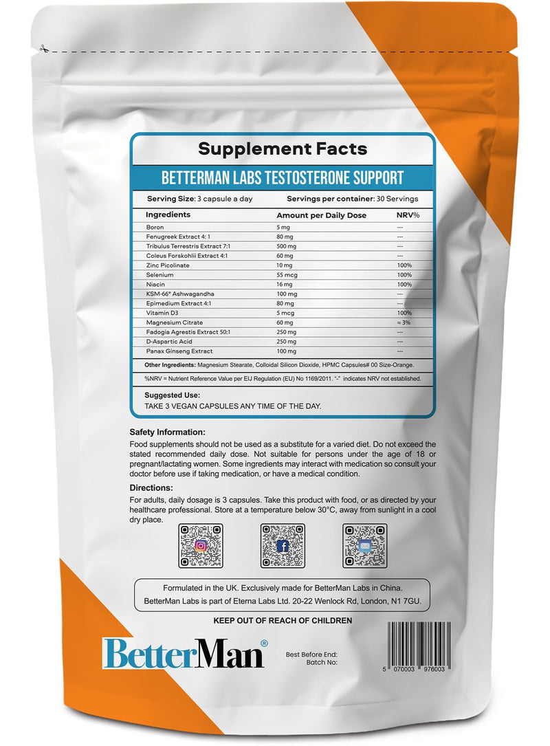 BetterMan Testosterone Support for Men – Boost Energy, Drive & Performance with 14 Science-Backed Ingredients Including Fadogia, Tribulus & Zinc – 90 Plant-Based Capsules