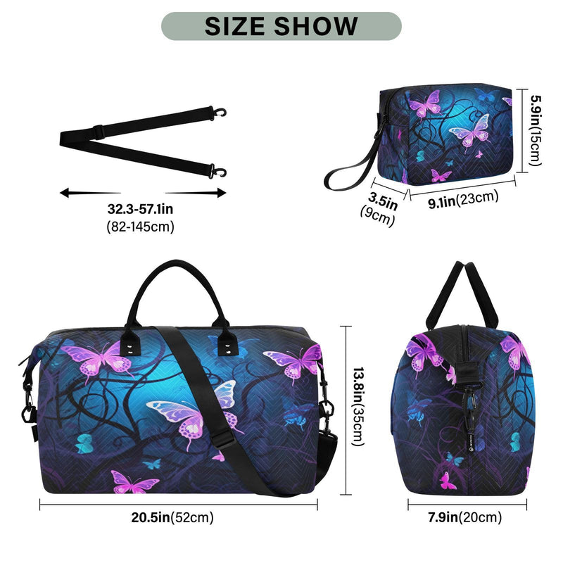 YETTASBIN Travel Duffel Bag for Women Men, Purple Blue Butterfly Large Waterproof Weekender Overnight Bag, Detachable Shoulder Strap Travel Sport Gym Bag with Toiletry Bag