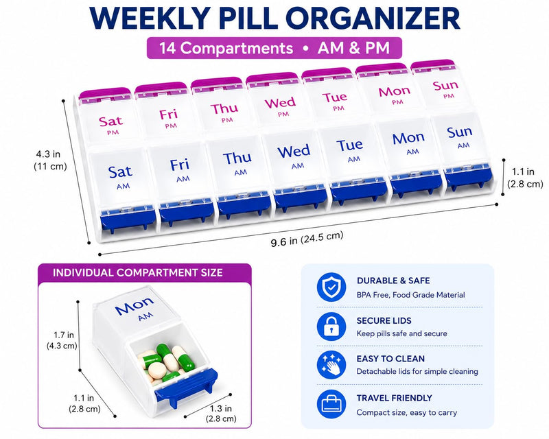 Shea Muse Weekly Pill Organizer-14 Large compartments,AM/PM Medication Organizer, Portable Travel Pill Box for Vitamins, Supplements & Prescriptions, Secure Snap Closure, BPA-Free, Easy Open Design