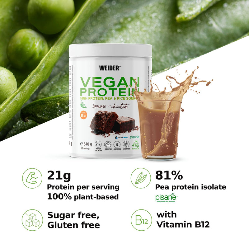 Weider Vegan Protein (540g) Brownie-Chocolate Flavour. Quality Protein 100% Plant-Based 21g/Serving, Pea Isolate (Pisane) & Rice. with Vitamin B12 & Stevia. Gluten Free, No Sugar. (18 Servings)