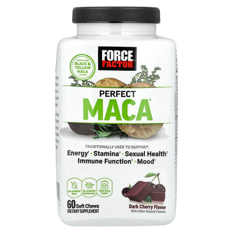 Force Factor Perfect Maca, Maca Root & DIM Supplement with Saffron | Boost Energy and Mood, with Yellow and Black Maca, Vitamins, Minerals, and Antioxidants, Dark Cherry Flavor, 60 Soft Chews 60 Count (Pack of 1) Herbal Supplement