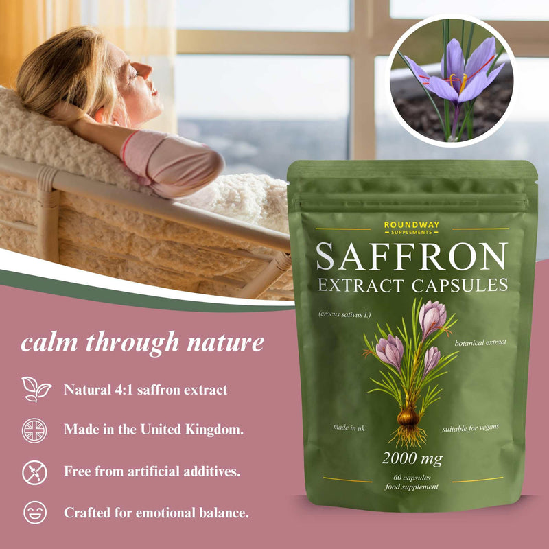Saffron Supplement | 2000mg High Strength Extract Capsules for Mood Balance & Energy | 60 Capsules, 1 Month Supply | Made in the UK by Roundway Supplements