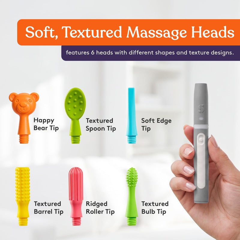 Special Supplies Buzz Buddy Oral Motor Stimulation kit with 6 Soft Textured Interchangeable Heads, Calm Sensory Needs, Support Speech, and Stimulate Self Feeding, Gentle Vibrations (Grey) Grey