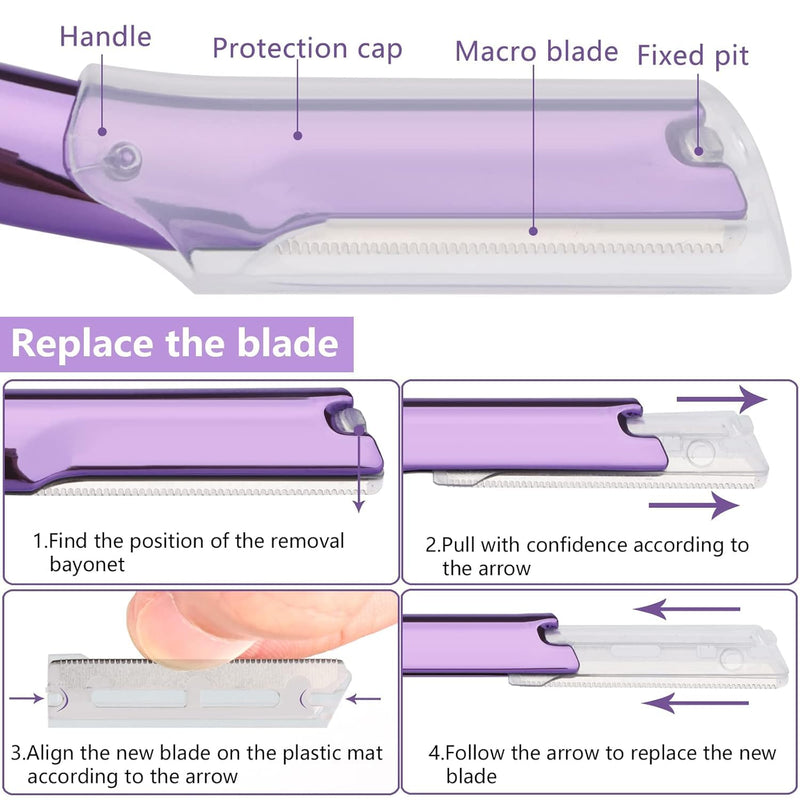[Australia] - Professional Dermaplaning Tool Set with 20 Replaceable Stainless Steel Blades, Face Exfoliation Razor for Peach Fuzz Removal, Eyebrow Shaping, All Skin Types (Purple) Purple 