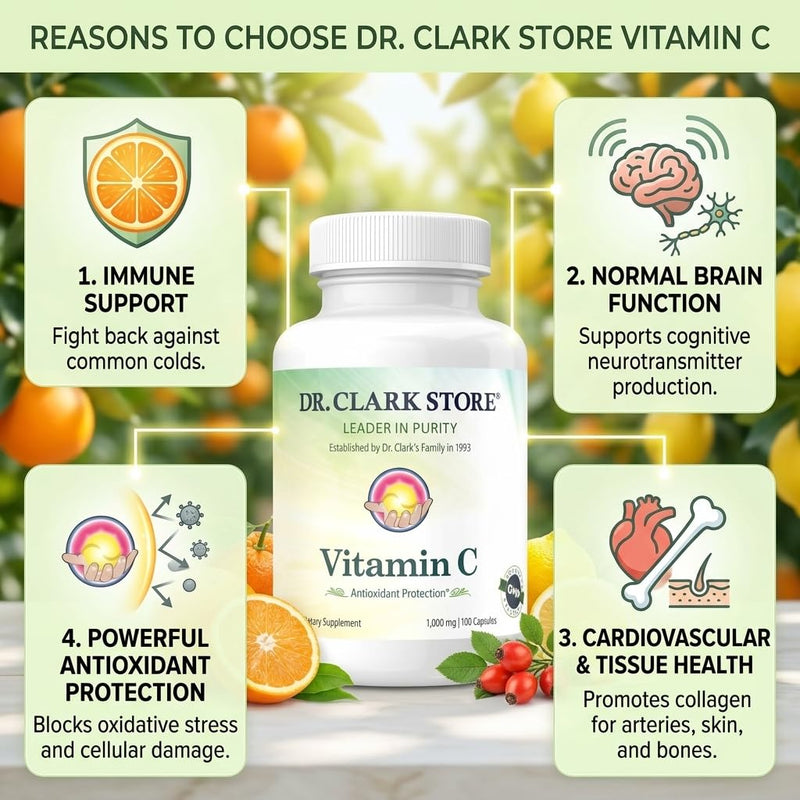 Dr Clark Store Vitamin C Supplement 1000mg, 100 Gelatin Capsules (100 Day Supply), Supports Brain Function, Immunity Support, Potent antioxidant, Promotes Tissue Formation and Repair, Gluten Free