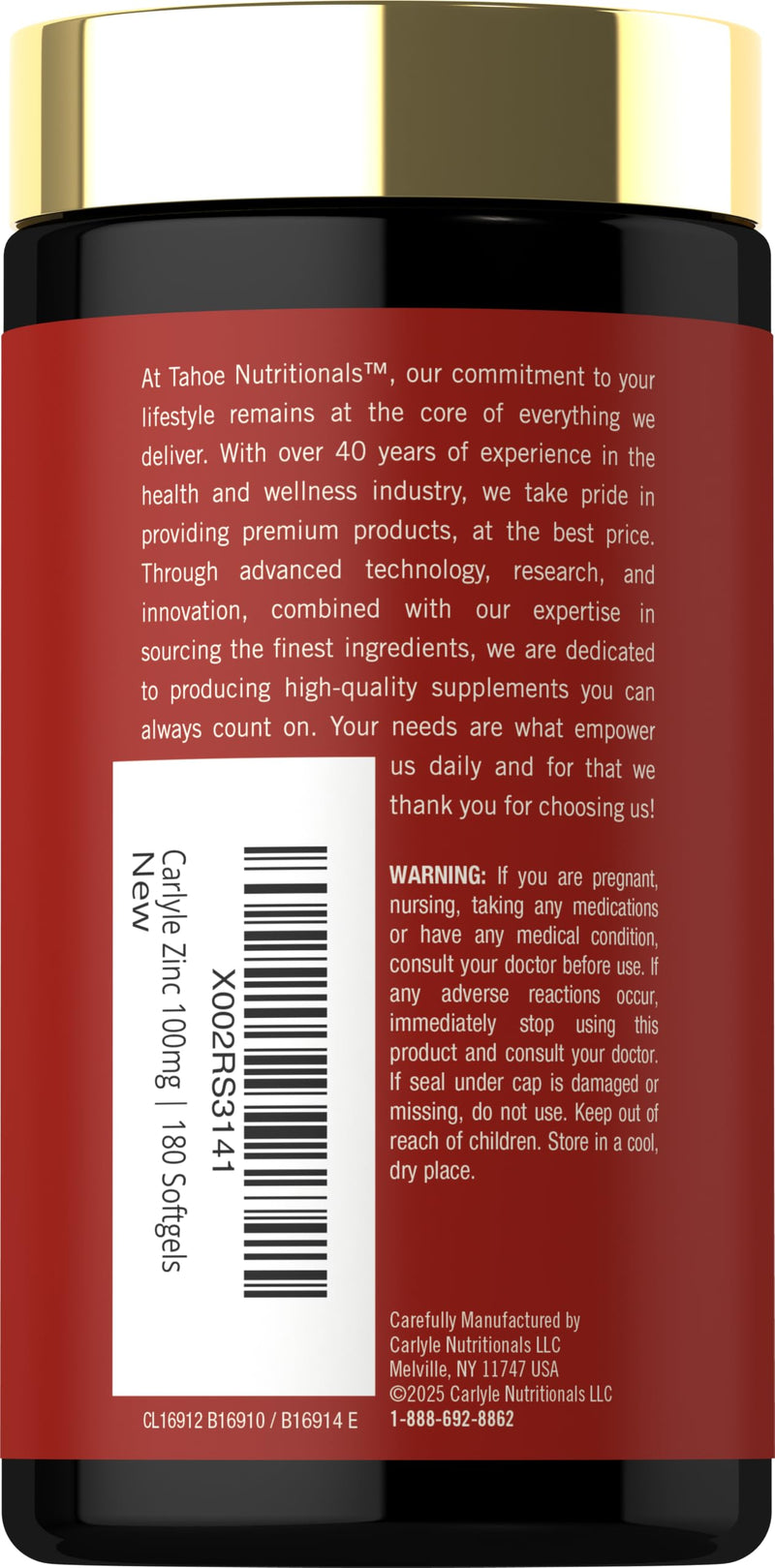 Carlyle Zinc Supplement 100mg with Vitamin C | 180 Softgels | Non-GMO, Gluten Free | Tahoe Nutritionals