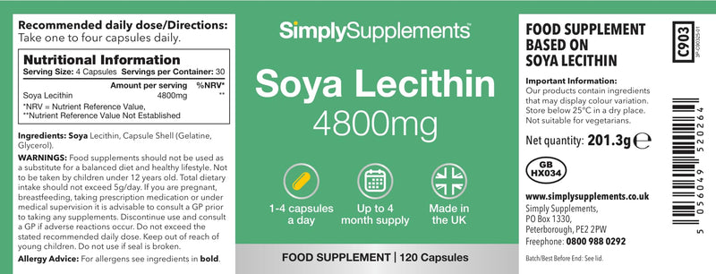 SOYA Lecithin 4800mg Capsules | High-Purity SOYA Lecithin | Contributes to Normal Cell Membrane Structure | 240 Capsules = Up to 8 Months’ Supply | UK Made | GMP-Certified 120 count (Pack of 2)