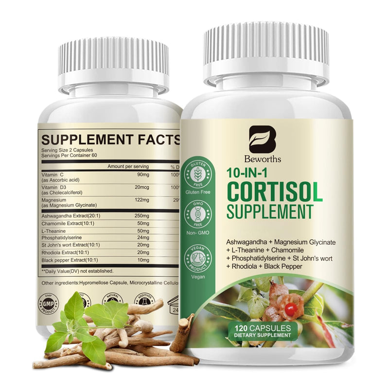 [Australia] - Cortisol Supplements for Women Men, 10-in-1 Cortisol Detox with Ashwagandha, Magnesium, L-Theanine, Balanced Cortisol Levels, Night & Calm Support, 120 Vegan Capsules 120 Count (Pack of 1) 