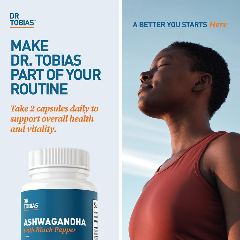 [Australia] - Dr. Tobias Ashwagandha Capsules, 1300mg Organic Ashwagandha Root Extract Per Serving with Black Pepper, Calming Adaptogen, Energy & Focus Supplement, 60 Vegetarian Capsules 