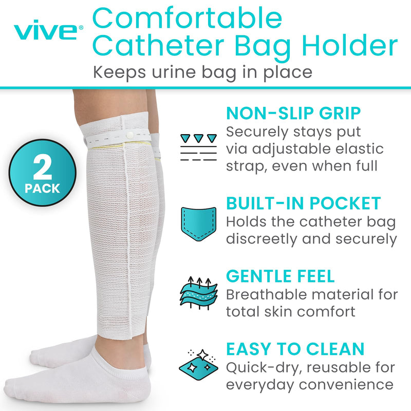 [Australia] - Vive Catheter Leg Bag Holder for Men & Women (2 Pack) - Nephrostomy & Foley Catheter Bag Holder & Cover - Urine Drainage & Storage Bag Holder Stays in Place - Catheter Stabilization (Medium) Medium 
