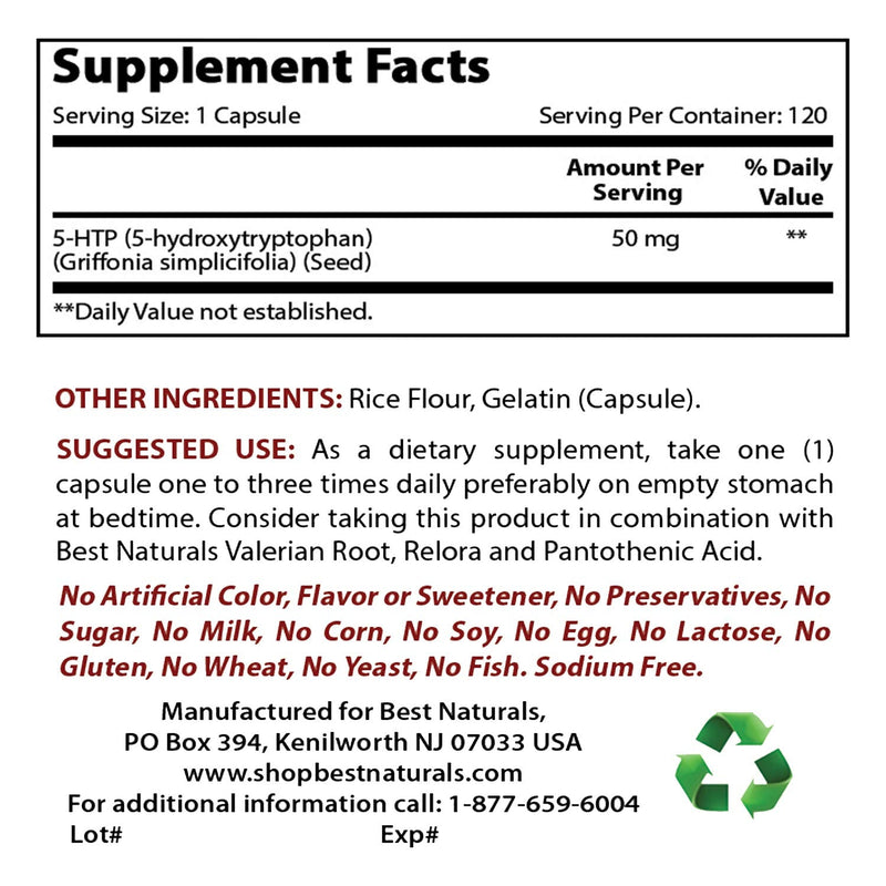[Australia] - Best Naturals 5-HTP 50 mg 120 Capsules, 5 HTP Capsules Supports Relaxation & restful Sleep 120 Count (Pack of 1) 