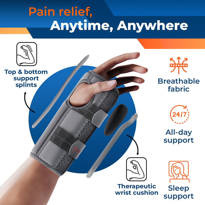 [Australia] - DR. BRACE Adjustable Wrist Brace Night Support for Carpal Tunnel, FSA & HSA Eligible, Doctor Developed, Upgraded with Double Splint & Therapeutic Cushion, Hand Brace For Pain Relief, Injuries, Sprains Small/Medium (Right Hand) Grey 