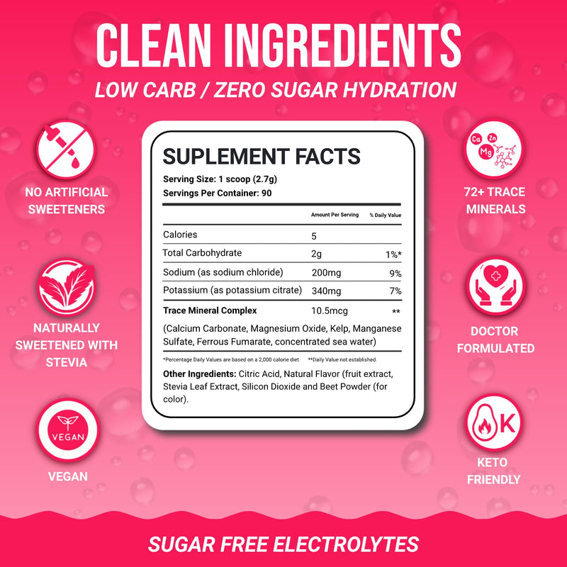 Dr. Price's Vitamins Electrolytes Powder Bulk, Raspberry 90 Servings | Electrolyte Mix, Hydration, No Sugar, Sodium, Potassium & 72+ Trace Minerals, Keto Friendly, Made in USA, Doctor-Formulated 90 Servings - Tub