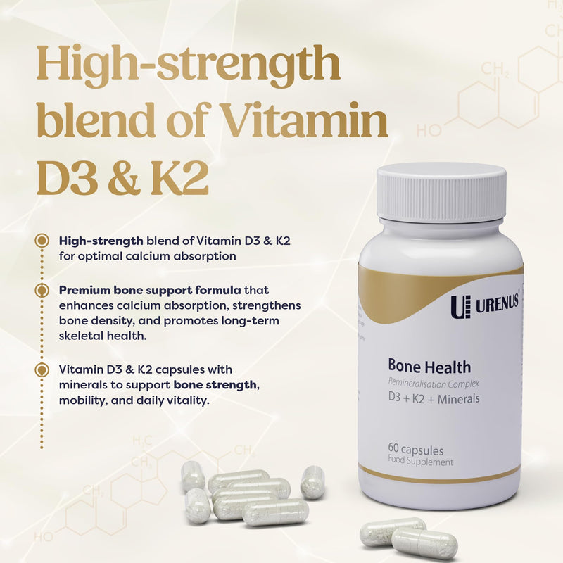 Vitamin D3 + K2 MK-7 with Calcium & Magnesium – Complete Bone Strength & Muscle Support Formula – 60 Capsules – High Strength, Made in UK