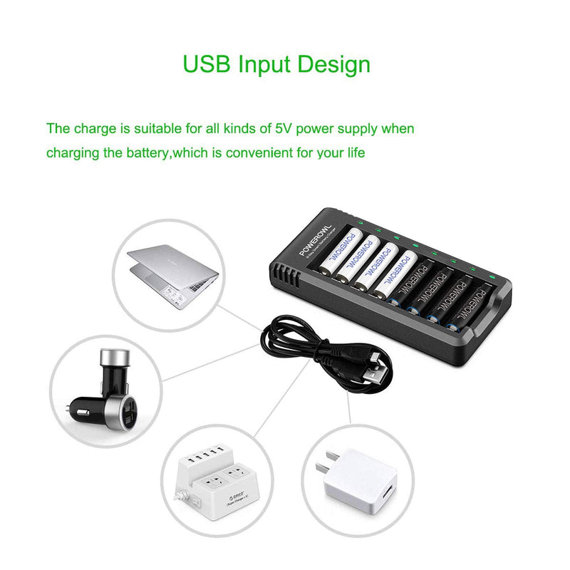 [Australia] - POWEROWL 8 Bay AA AAA Battery Charger, USB High-Speed Charging, Independent Slot, for Ni-MH Ni-CD Rechargeable Batteries, No Adapter 