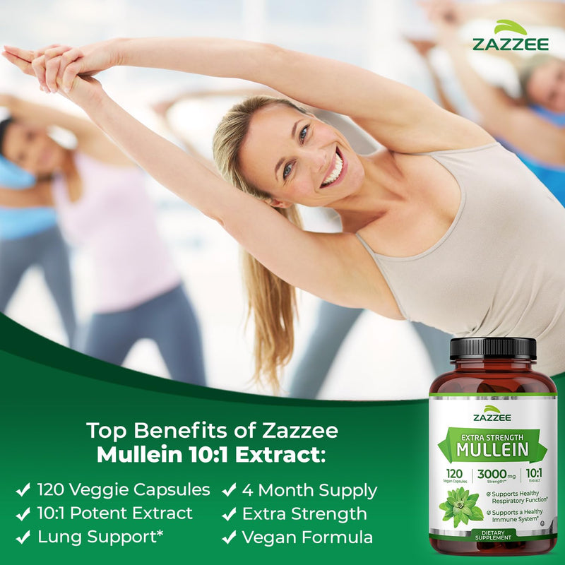 Zazzee Extra Strength Mullein Leaf 10:1 Extract, 120 Vegan Capsules | 4 Month Supply, Respiratory & Lung Support, Certified Kosher, 100% Pure Leaf Powder, Verbascum Thapsus, Non-GMO, Made in USA 120 Count