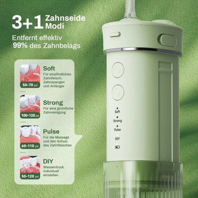 [Australia] - JTF Oral Irrigator Mini, Portable Electric Teeth Cleaning Wireless, Travel Interdental Cleaner with 5 Replacement Nozzles, 4 Modes Water Flosser, 230ML Retractable Water Tank, IPX7 Waterproof (Green) Green 