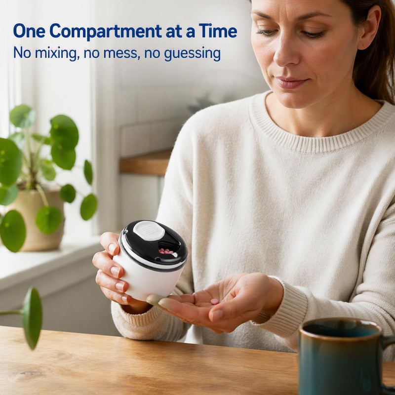 Ezy Dose Mini Vitamin Organizer, Multi Compartments, White & Black, Medium | Portable and Compact Design, Easy Access Sliding Pill Dispenser, Supplement Organizer with Anti-Mix Design, Travel Friendly White and Black/Medium