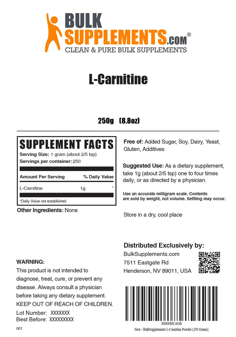 BulkSupplements.com L-Carnitine Powder - Carnitine Supplement, L Carnitine 1000mg, Carnitine Powder - Amino Acid Supplement, Gluten Free, 1g per Serving, 250g (8.8 oz) (Pack of 1) 250 Servings (Pack of 1)