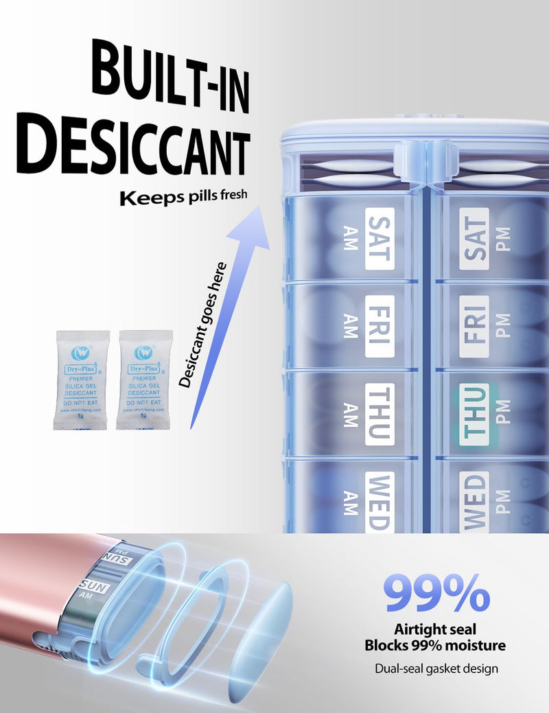 Vaydeer Metal 7 Day Travel Pill Organizer 2 Times a Day, Built-in Desiccant | AM PM weekly Travel Pill Case, Twice-Daily，Airtight Large Capacity Pill Box for Vitamins, Medication, Supplements & Fish Oil Rose Gold Standard Size