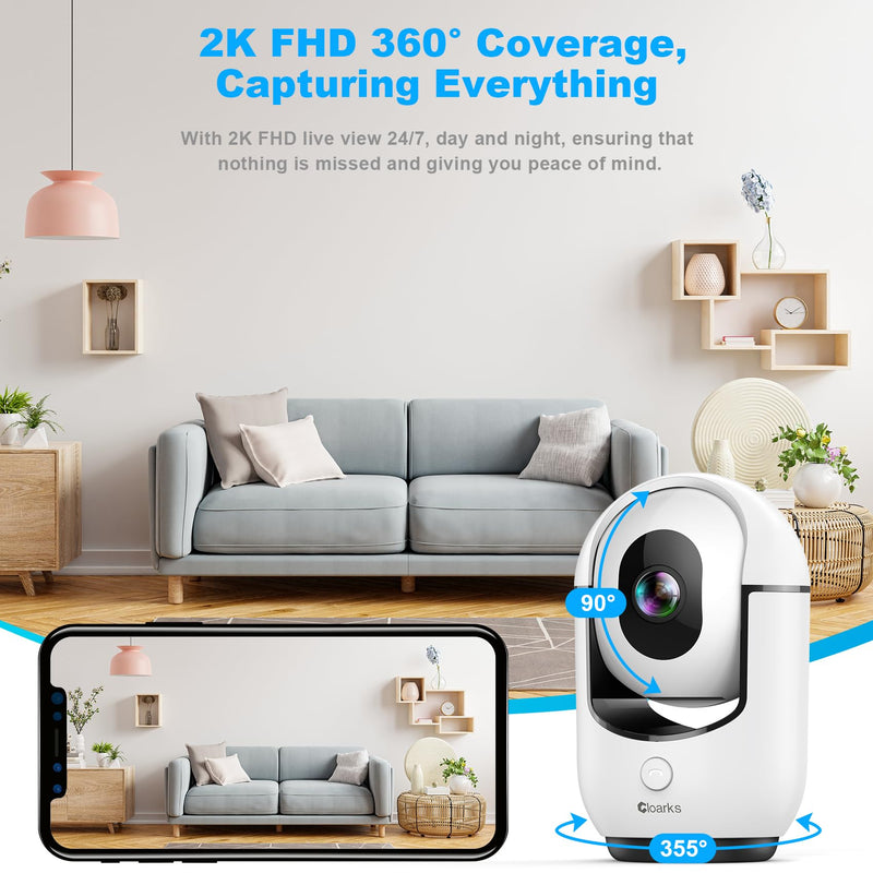 [Australia] - 2K Pan/Tilt Security Camera, WiFi Indoor Camera for Home Security with AI Motion Detection, Baby/Pet Camera with Phone App, Color Night Vision, 2-Way Audio, 24/7, Siren, TF/Cloud Storage White-2.4G 