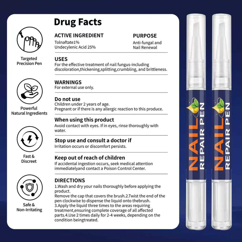 Toenail Fungus Pen, 25% Undecylenic Acid- Repairs Yellow Thick Brittle Toe and Fingernails - 5 Pens with 1 Nail Files