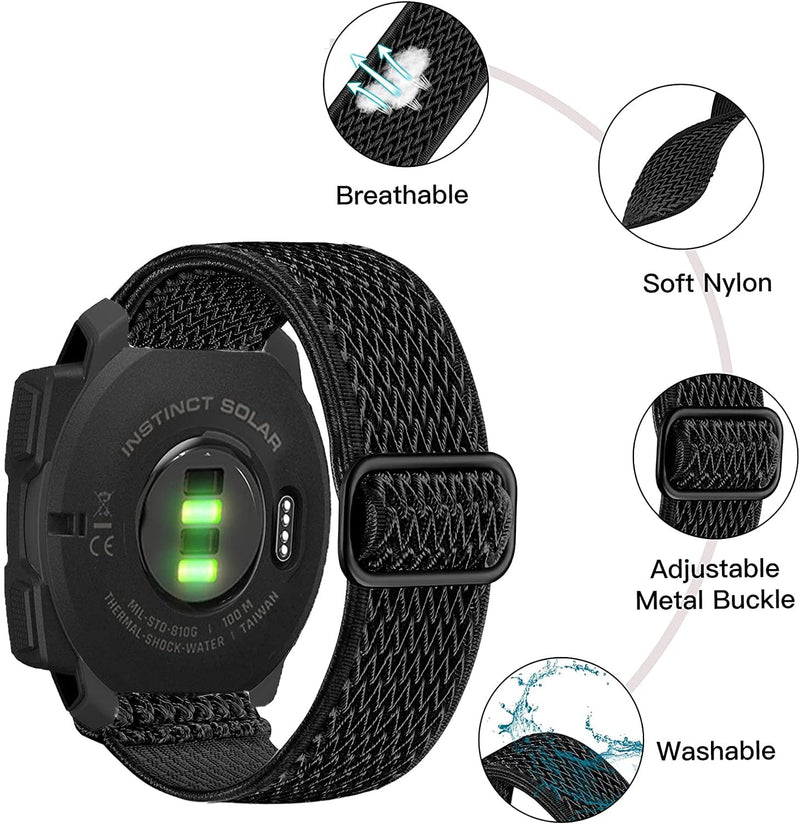 [Australia] - Olytop Elastic Watch Bands for Garmin Instinct/2 Solar, 22mm Soft Stretchy Nylon Ultra-Light Wristband Replacement Strap Men Women for Garmin Instinct Tactical/Esports/Solar/Tide Smartwatch Wave Black+Green 