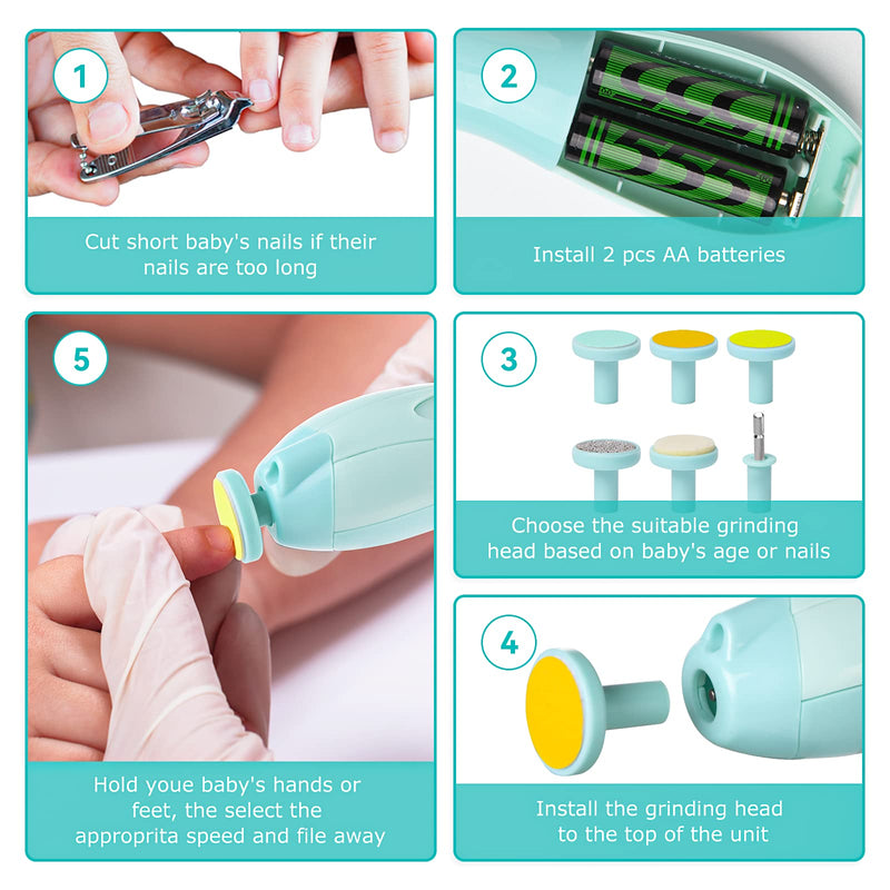 [Australia] - Baby Nail Trimmer Electric, Lupantte Safe Baby Nail File, Baby Nail Clippers with Light and 6 Grinding Pads for Newborn Infant Toddler or Adults Toes and Fingernails, Kids Nail Care, Polish and Trim Green 