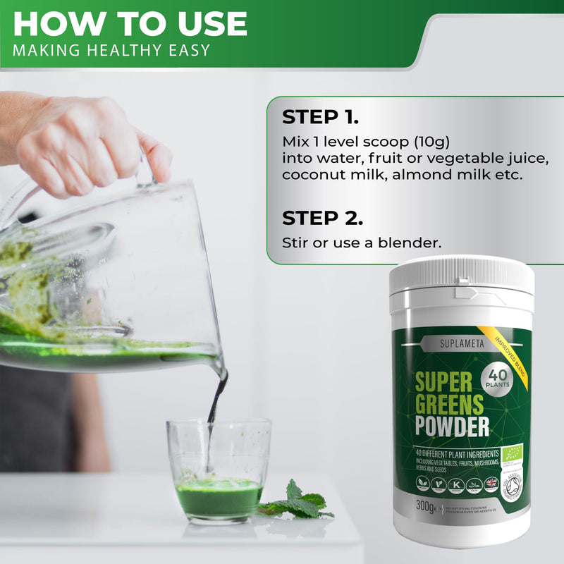 Organic Super Greens Powder | 40 Plant Ingredients for Gut Health | Vegan & Gluten-Free Greens Supplement | 30 Day Supply of Gut Health Powder - Vegetable with Extra Mushrooms 300 g (Pack of 1)