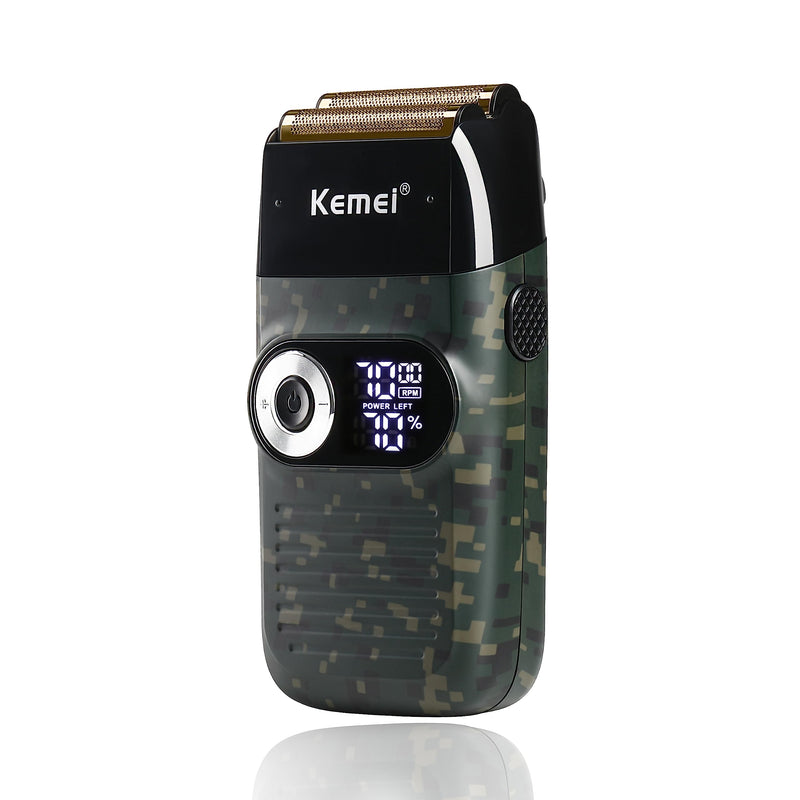 Kemei Foil Professional Electric Shaver for Men Razor with Bald Trimmer Cordless Shavers Rechargeble LED Display 2 in 1 Camouflage