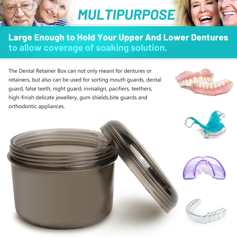 [Australia] - Denture Bath Case Box, Leak Proof Denture Cups for Soaking Full & Partial Dentures, Retainers,Dishwasher safe,with Hard Denture Brush & Denture Toothbrush Cover (Transparent Black) transparent black 