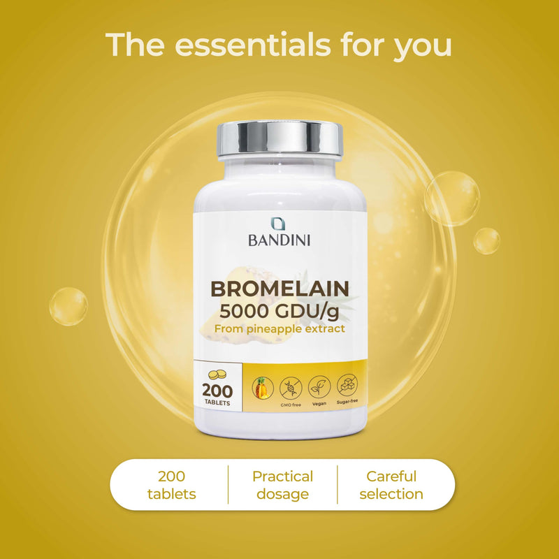 Bandini® Bromelain High Strength 5000 GDU/g per Serving - 200 Gastro-Resistant Tablets - Digestive Enzyme, Strong Bromelain Pure Pineapple Extract, High Dose, Made in Italy, No Additives, 100% Vegan