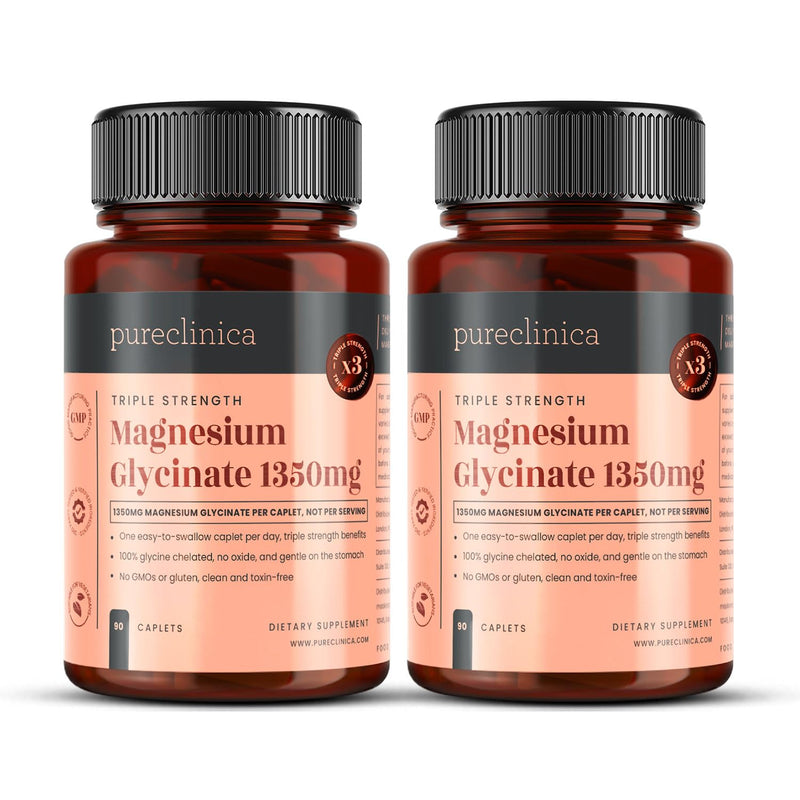 Triple Strength Magnesium Glycinate 1350mg x 180 Caplets (2 Bottles of 90) – 202.5mg Elemental Magnesium Per Caplet – 6 Months Supply - 100% Glycine Chelated, Gentle on the Stomach 180 count (Pack of 1)
