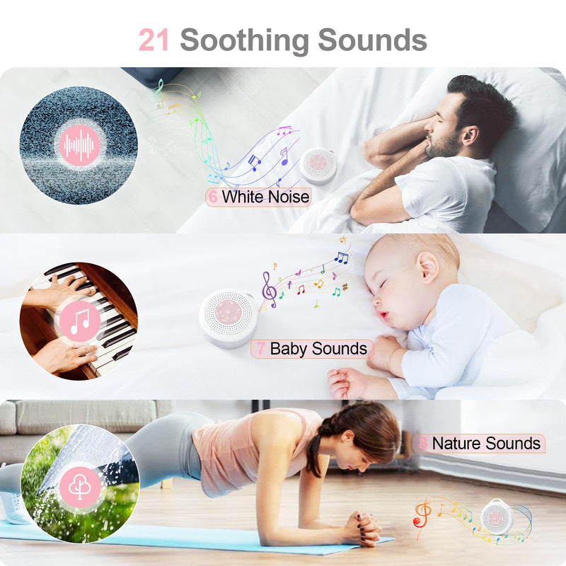 [Australia] - White Noise Machine Baby, sleep aid for babies with 2000 mAh battery, portable sound machine for adults, 21 soothing sounds, white noise sound machine with child safety lock for stroller swings (pink). 