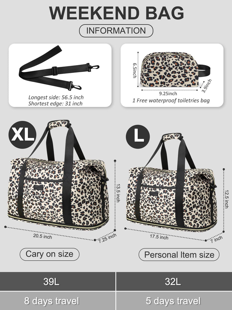 Expandable Travel Duffle Bag Weekender Overnight Bags for Women Men | 32L Duffel Bag,Waterproof Carry on Bag,Hospital Bag for Labor Delivery,With Toiletry Bag,Gym,Airplane Travel Leopard Large