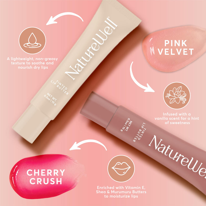 NatureWell Tinted Lip Butter Variety Pack of 4, 0.50 Oz Each | Shear & Subtle Tinted Moisturizing Balms, Vanilla Scented, Lightweight & Non-Greasy, Vitamin E, Shea, & Murumuru Butters