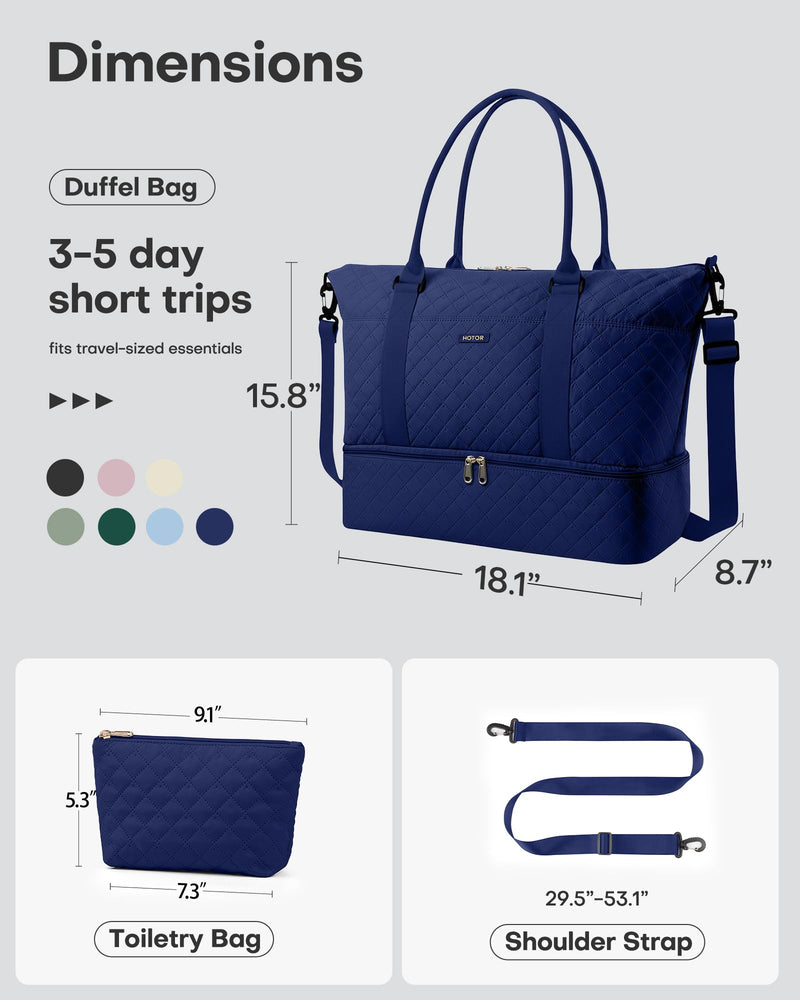HOTOR Travel Duffel Bag - Weekender Bags for Women, Carry On Gym Tote Bags | with Toiletry Bag & Shoe Compartment, Overnight Bag for Travel Essentials, Travel Accessories, Dark Blue, 15.8"×18.1"×8.7" 15.8"×18.1"×8.7"