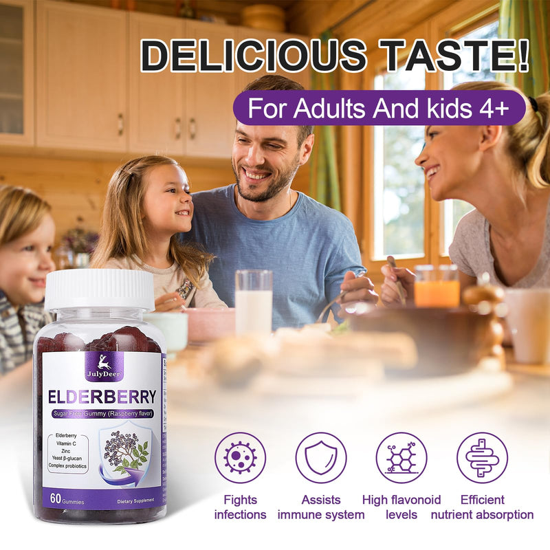 Sambucus Elderberry Gummies - Immune Support for Adults & Kids 4+ | 5 in 1 with Vitamin C, Zinc, Yeast β-glucan, Probiotics Complex, Nature Elderberry Supplement, Non-GMO丨60 Gummies 60 Gummies 1 Bottle