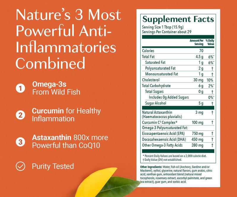 ALGAECAL Triple Power Omega 3 Fish Oil Liquid for Joints, 1200mg, 16 oz | EPA DHA liquid fish oil with turmeric curcumin & astaxanthin for joint support & healthy inflammatory response. Mango flavor. 29 Count (Pack of 1)