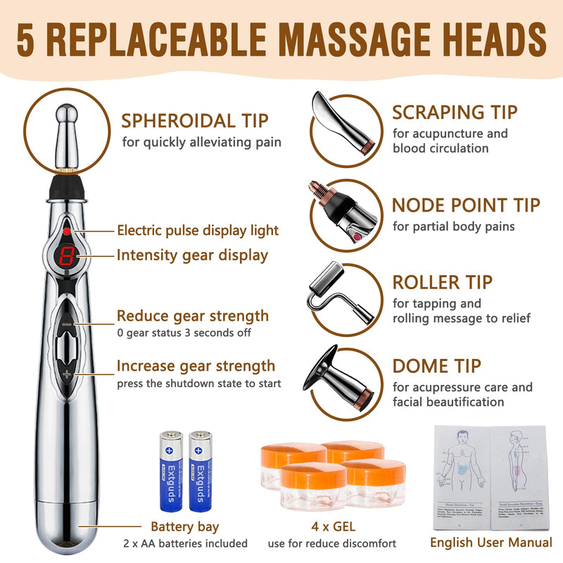 [Australia] - Acupuncture Super Set: 5-Head Electronic Acupuncture Pen+ Gua Sha Tool+600 Ear Seeds+ Retractable Acupuncture Pen+ 4 x Extra Massaging Gel+ Tweezers + Manual+ Batteries + 2 x Acupoint Chart Acupuncture Set(with Chart) 