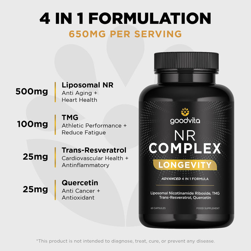 Nicotinamide Riboside NR Supplement (4 in 1 Complex) 60 Caps, 2 Months Supply | UK Made | Boost NAD+ Anti-Aging | TMG Resveratrol Quercetin | Liposomal Highest Bioavailability