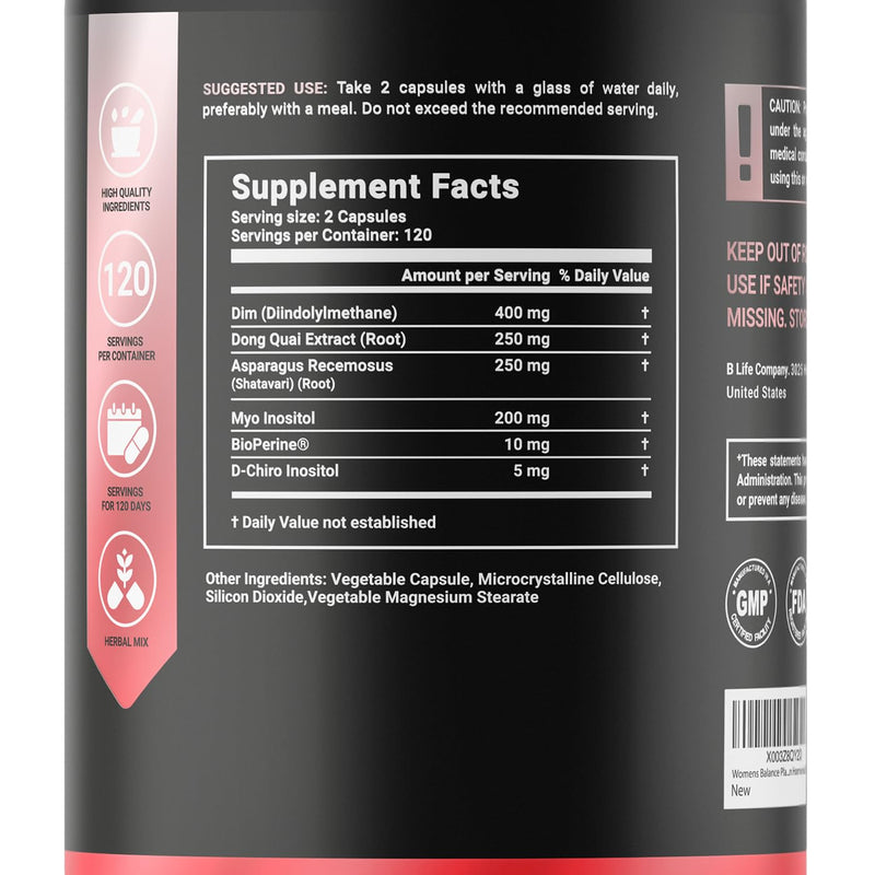 [Australia] - Women's Balance Supplement with Natural Ingredients: Dim, Dong Quai, BioPerine®, Myo & D-Chiro Inositol | 240 Caps - 120 days | 400mg of Dim per Serving | Hormone Balance | Made in The USA by B Life. Womens Balance US 