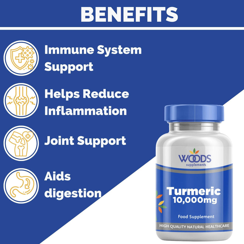 Woods Supplements - 10,000mg High Strength Turmeric 60x Vegan Curcumin Turmeric Extract Tablets. Pure Turmeric Powder Food Supplement for Joint Care and Digestion 60